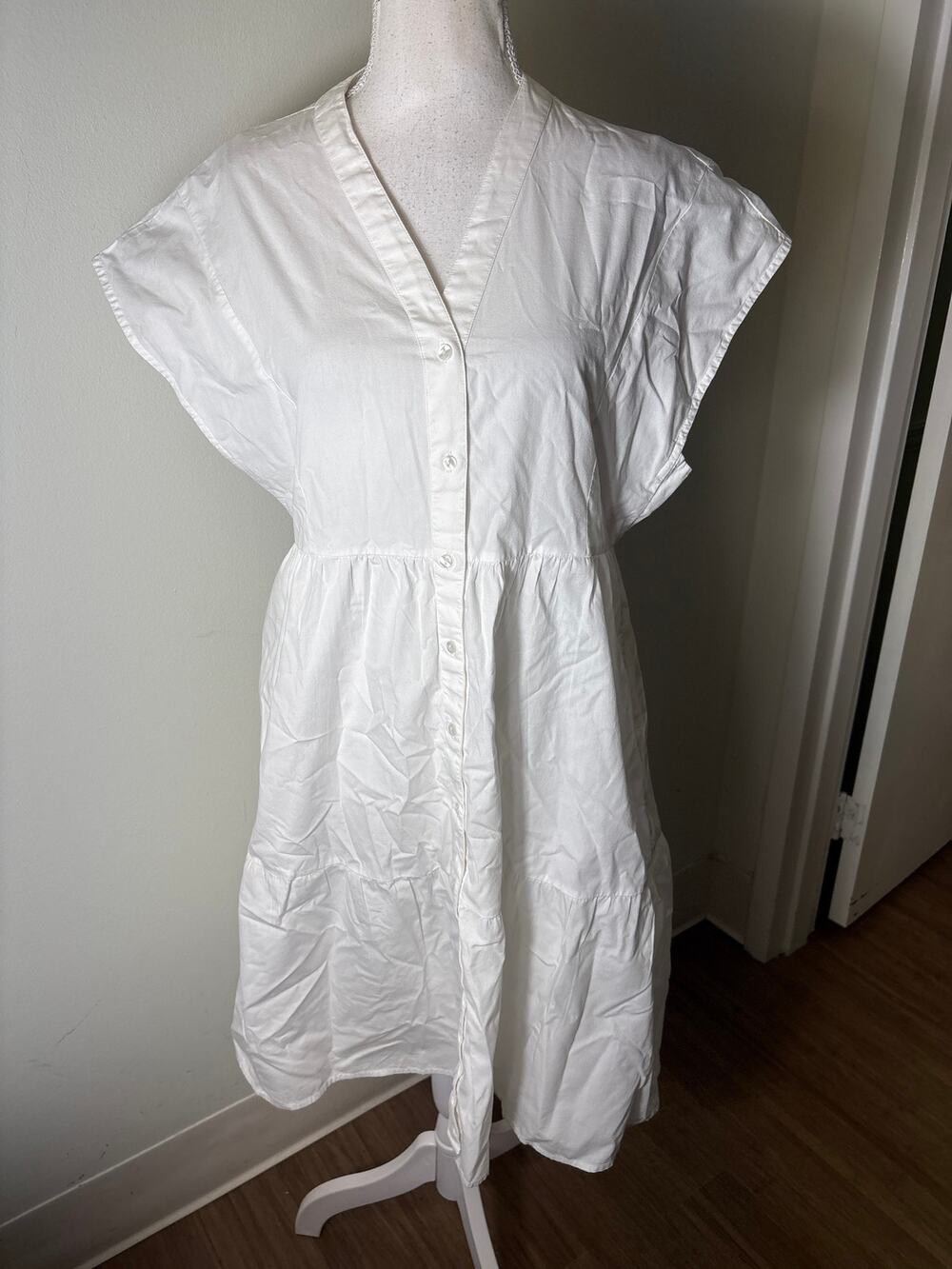 Frances Valentine White Cotton V Neck Button Up Midi Sz S